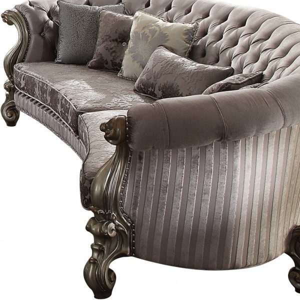 55" Gray Velvet Curved Floral Sofa And Toss Pillows With Champagne Legs - Image 3