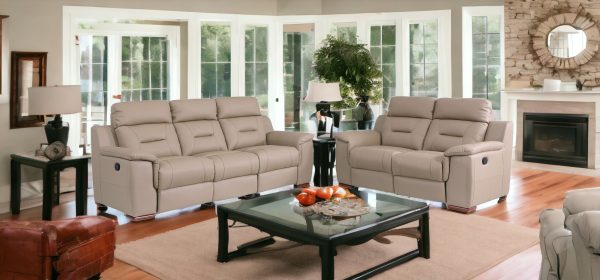 Two Piece Indoor Beige Genuine Leather Five Person Seating Set - Image 2