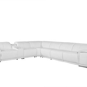 White Italian Leather Power Reclining U Shaped Seven Piece Corner Sectional With Console