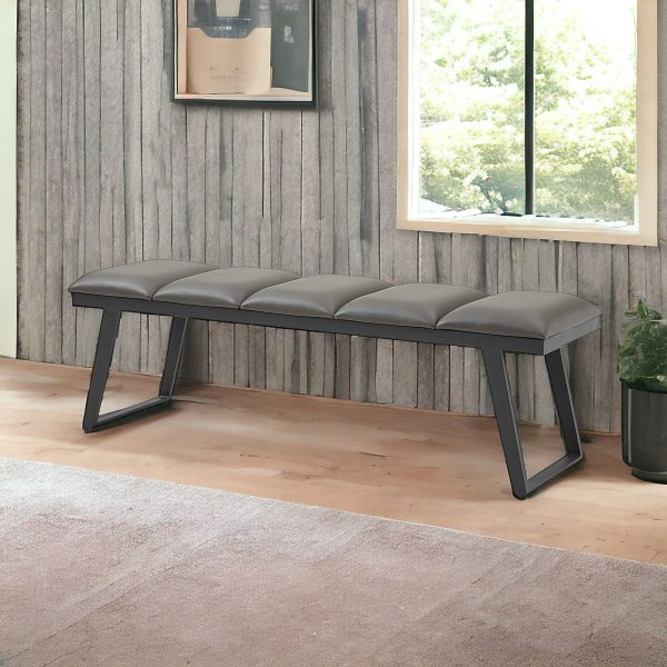 57" Gray Upholstered Faux Leather Bench - Image 3