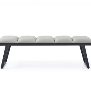 57" Light Gray and Black Upholstered Faux Leather Bench