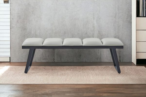 57" Light Gray and Black Upholstered Faux Leather Bench - Image 3