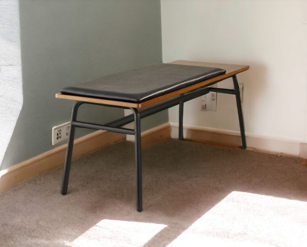 39" Brown and Black and Black Upholstered Faux Leather Bench - Image 2