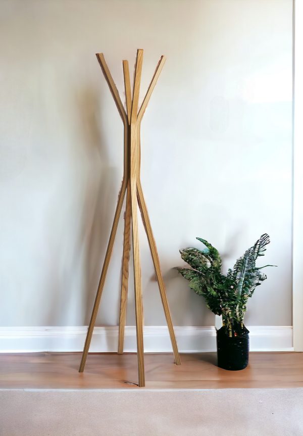 68" Natural Modern Wood Coat Tree Rack - Image 2