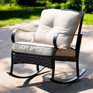 25" Black Steel Patio Rocking Chair With Beige Cushion