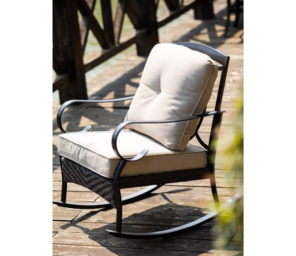 25" Black Steel Patio Rocking Chair With Beige Cushion - Image 3