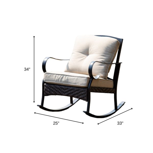 25" Black Steel Patio Rocking Chair With Beige Cushion - Image 2