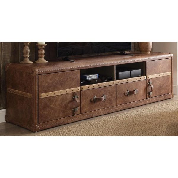 80" Brown Leather Cabinet Enclosed Storage TV Stand - Image 4