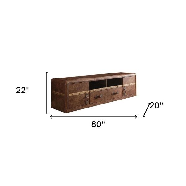 80" Brown Leather Cabinet Enclosed Storage TV Stand - Image 3