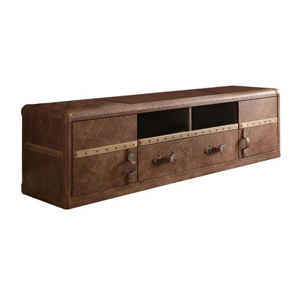 80" Brown Leather Cabinet Enclosed Storage TV Stand - Image 2