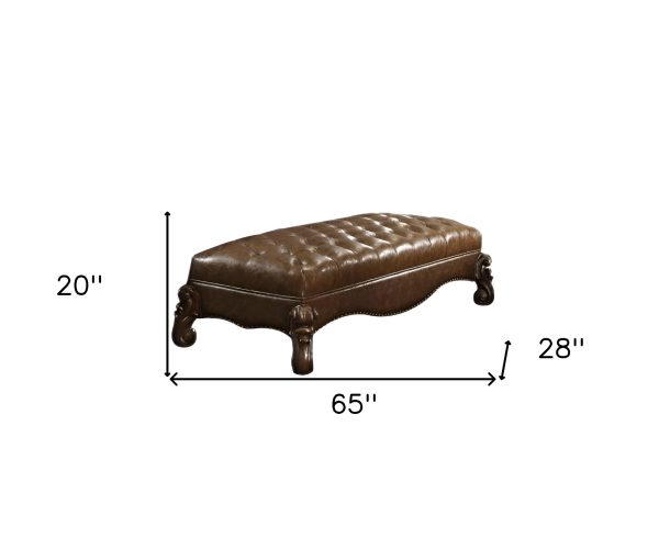 65" Brown Tufted Faux Leather Upholstered Bench - Image 4