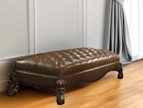 65" Brown Tufted Faux Leather Upholstered Bench - Image 2