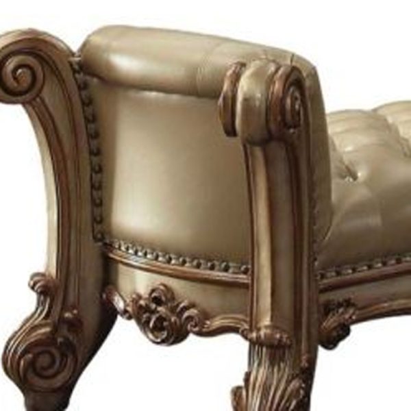 74" Bone and Gold Tufted Faux Leather Upholstered Bench - Image 3