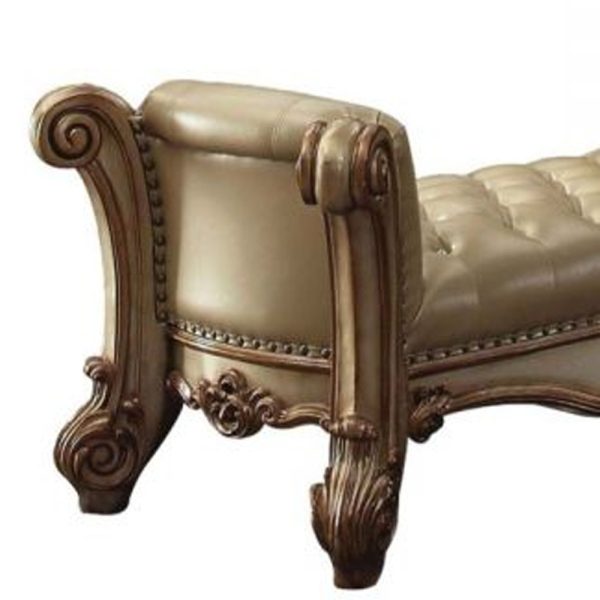 74" Bone and Gold Tufted Faux Leather Upholstered Bench - Image 4