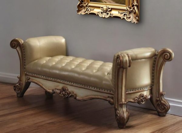 74" Bone and Gold Tufted Faux Leather Upholstered Bench - Image 2