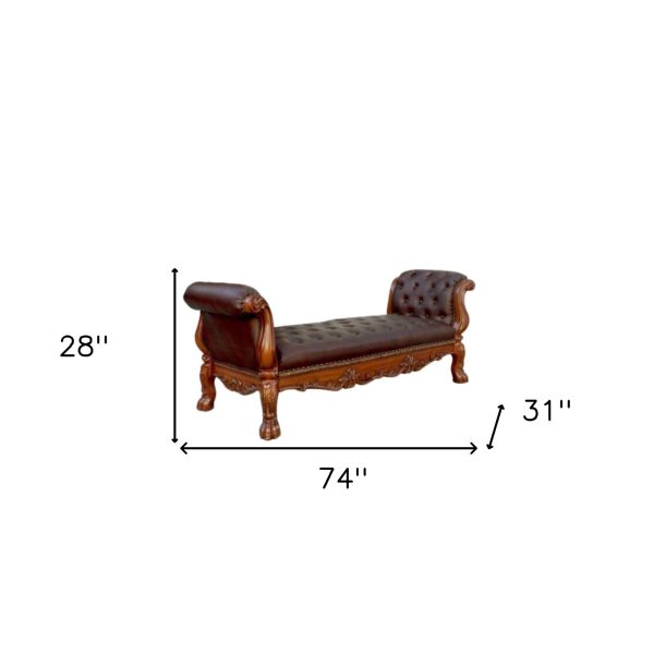 74" Brown and Dark Brown Upholstered Faux Leather Bench - Image 4