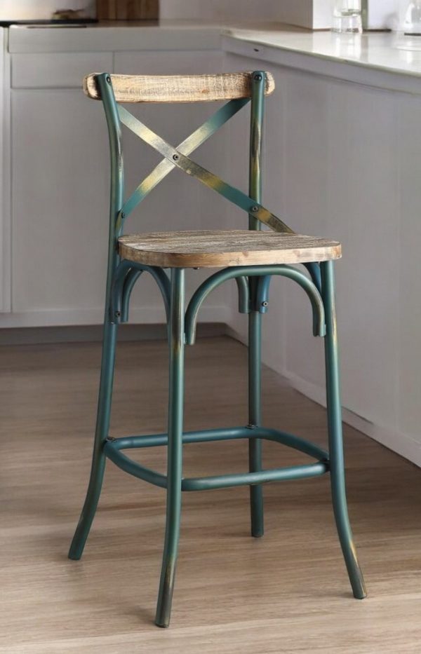 21" Brown And Sky Blue Iron Bar Chair - Image 2