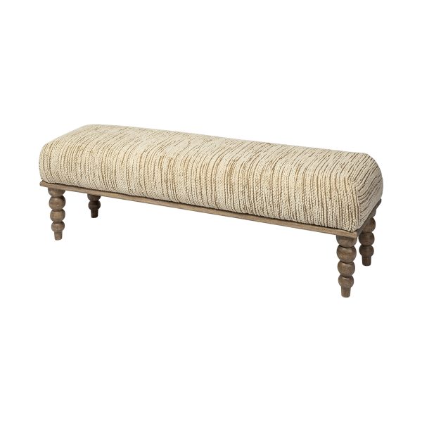 55" Cream and Wood Brown Upholstered Fabric Bench - Image 2