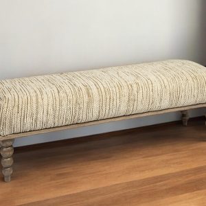 55" Cream and Wood Brown Upholstered Fabric Bench