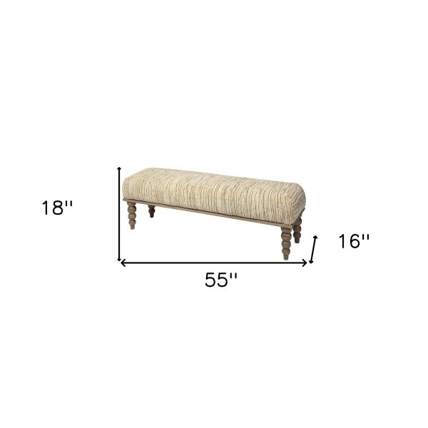 55" Cream and Wood Brown Upholstered Fabric Bench - Image 3
