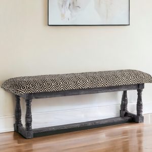 56" Black and White and Gray Upholstered Cotton Blend Trellis Bench