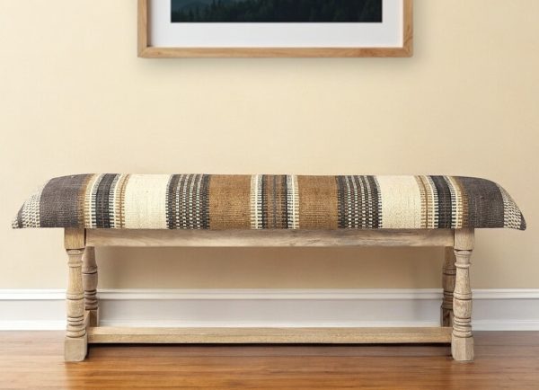 59" Beige Brown and Natural Upholstered Jute Striped Bench - Image 2