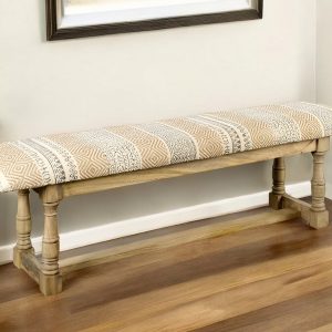 59" Beige Orange and Brown Geometric Upholstered Jute Accent Bench