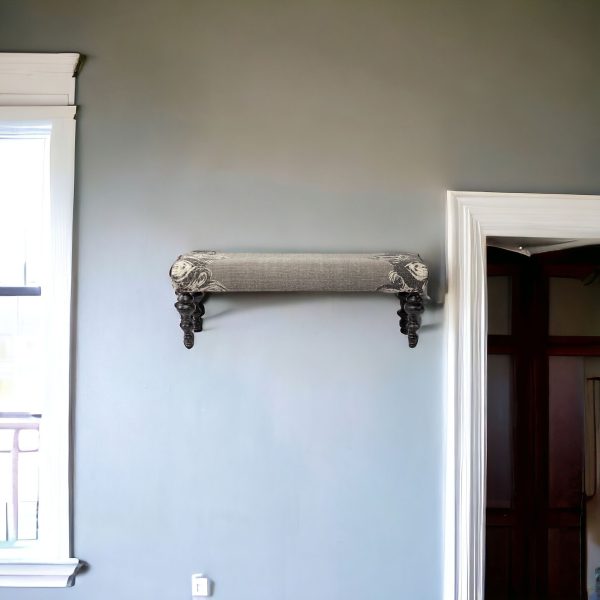 55" Gray and Black Upholstered Cotton Blend Floral Distressed Bench - Image 4