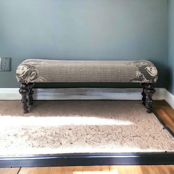 55" Gray and Black Upholstered Cotton Blend Floral Distressed Bench - Image 2