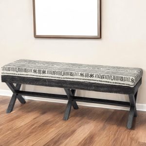 16" Gray and White and Black Upholstered Cotton Blend Bench