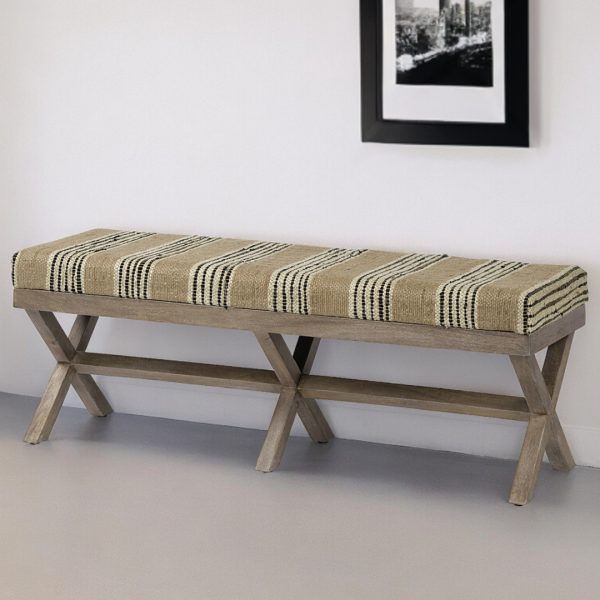 16" Beige And Brown Upholstered Cotton Blend Bench - Image 2