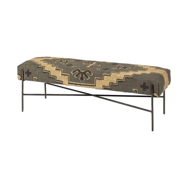 55" Green and Brown and Black Upholstered Cotton Blend Abstract Bench - Image 3