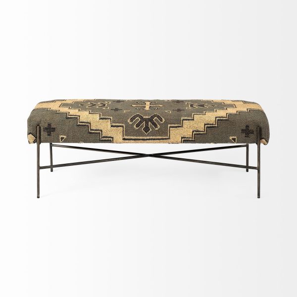 55" Green and Brown and Black Upholstered Cotton Blend Abstract Bench - Image 2