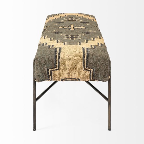 55" Green and Brown and Black Upholstered Cotton Blend Abstract Bench - Image 4