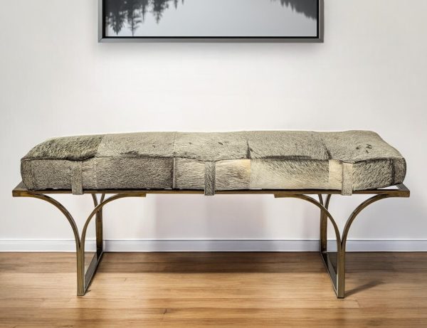 55" Gray and Antiqued Brass Faux Fur Upholstery Bench - Image 2