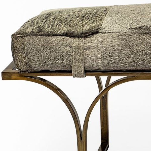 55" Gray and Antiqued Brass Faux Fur Upholstery Bench - Image 3