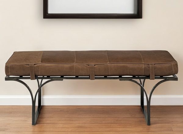 55" Brown and Black Genuine Leather Upholstery Bench - Image 2