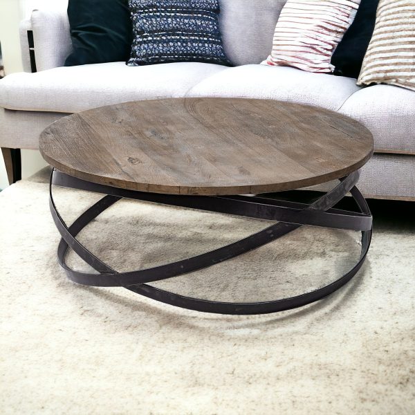 41" Brown And Black Solid Wood And Metal Round Coffee Table - Image 2