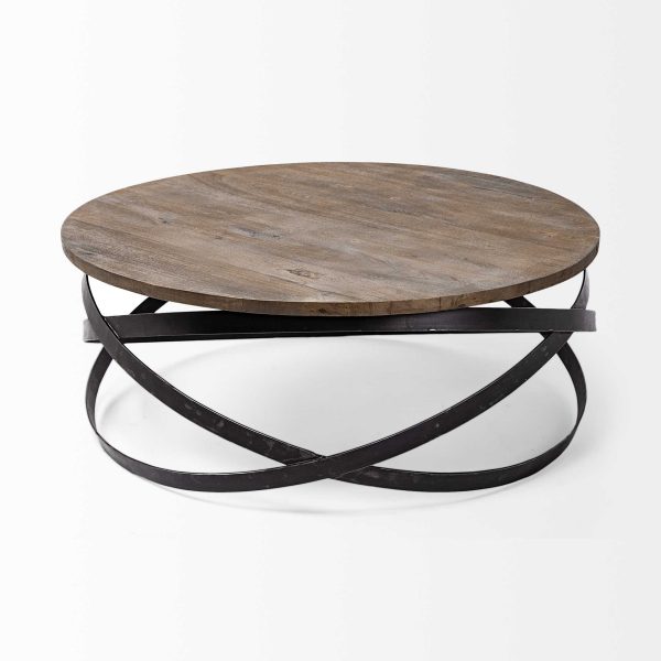 41" Brown And Black Solid Wood And Metal Round Coffee Table - Image 3
