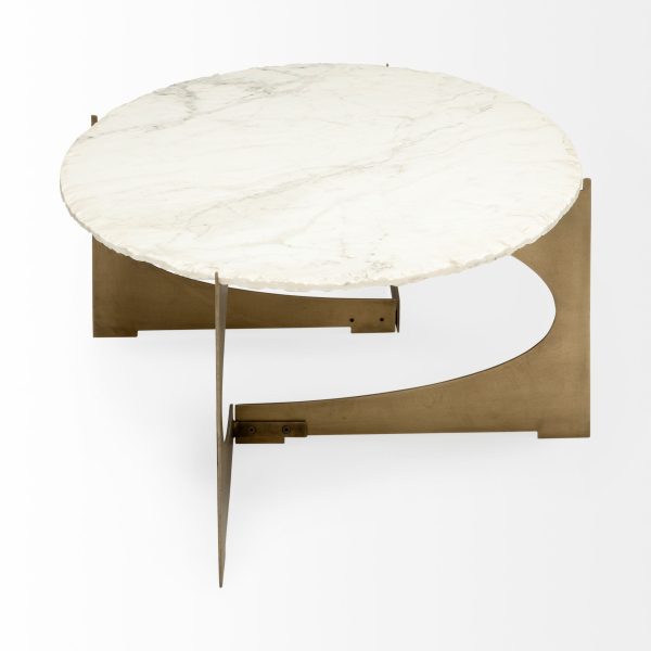 30" White And Gold Genuine Marble And Metal Oval Coffee Table - Image 3