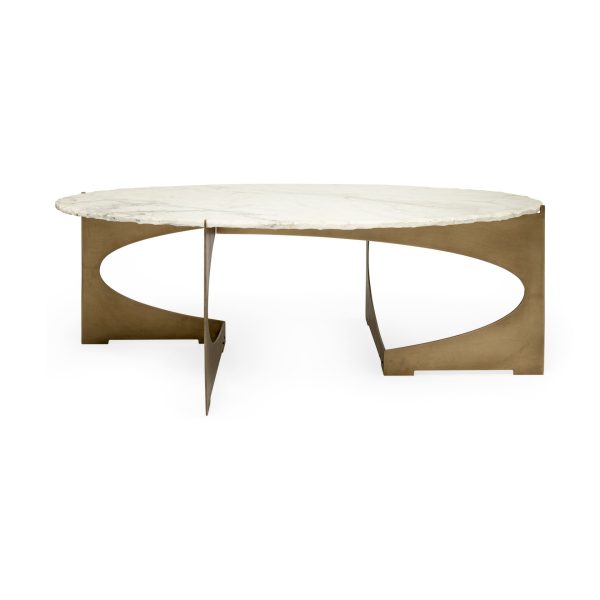 30" White And Gold Genuine Marble And Metal Oval Coffee Table - Image 4