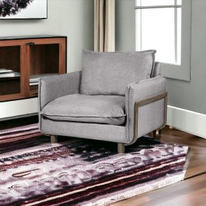 42" Gray And Wood Brown Linen Arm Chair