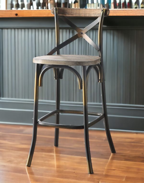 43" Oak And Black and Gold Solid Wood And Metal Bar Height Bar Chair - Image 2