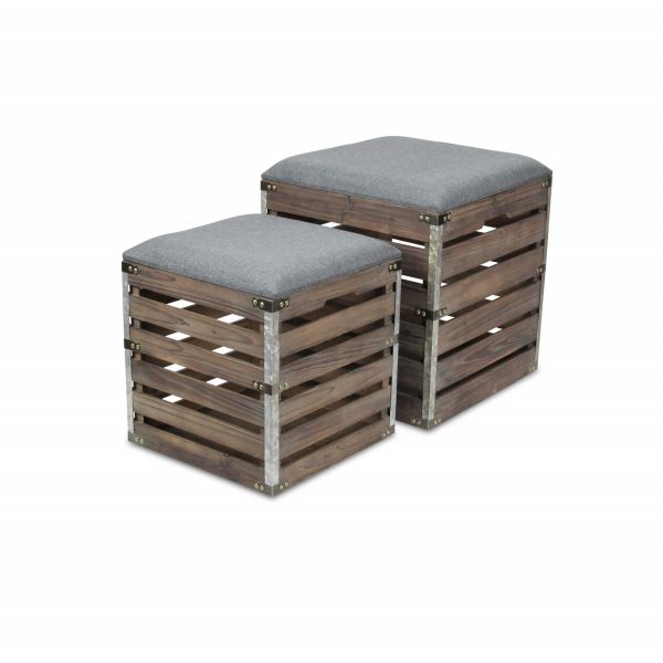 Set Of 2 Square Gray Linen Fabric And Wood Slats Storage Benches - Image 3