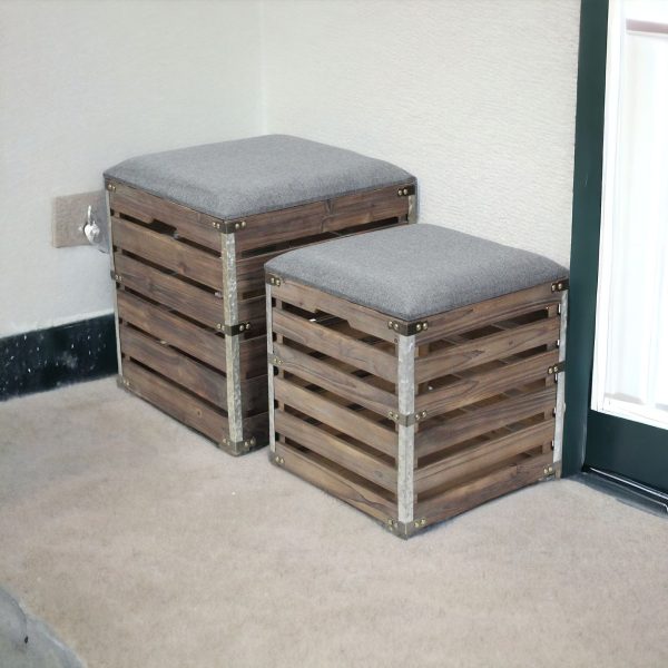Set Of 2 Square Gray Linen Fabric And Wood Slats Storage Benches - Image 2
