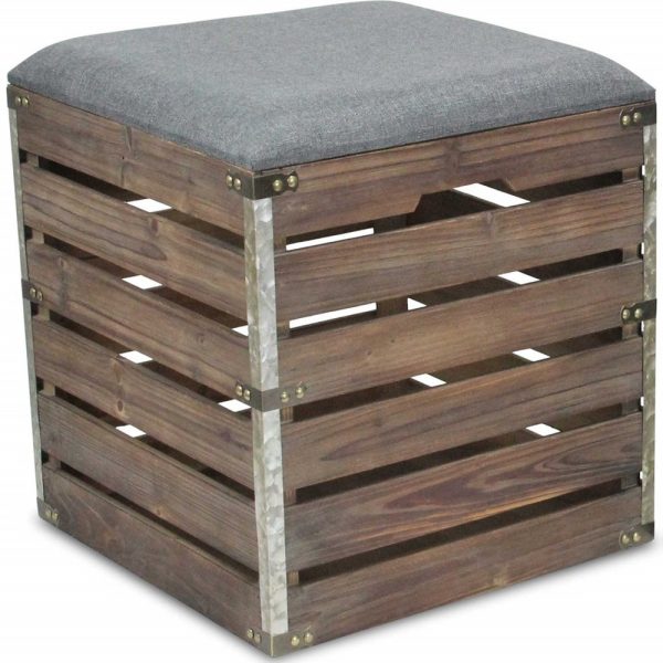 Set Of 2 Square Gray Linen Fabric And Wood Slats Storage Benches - Image 4