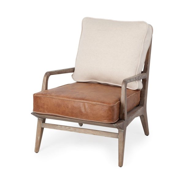 24" Beige and Brown And Brown Leather Arm Chair - Image 2