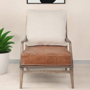 24" Beige and Brown And Brown Leather Arm Chair