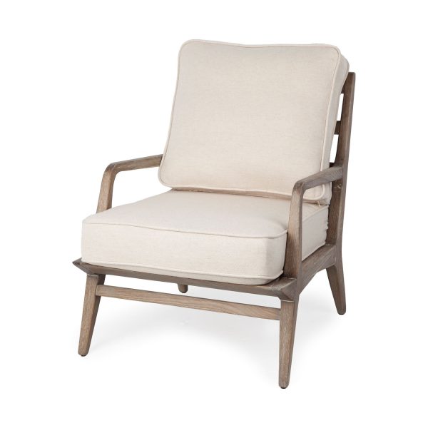 24" Ivory And Wood Brown Fabric Arm Chair - Image 3