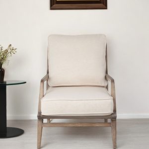 24" Ivory And Wood Brown Fabric Arm Chair